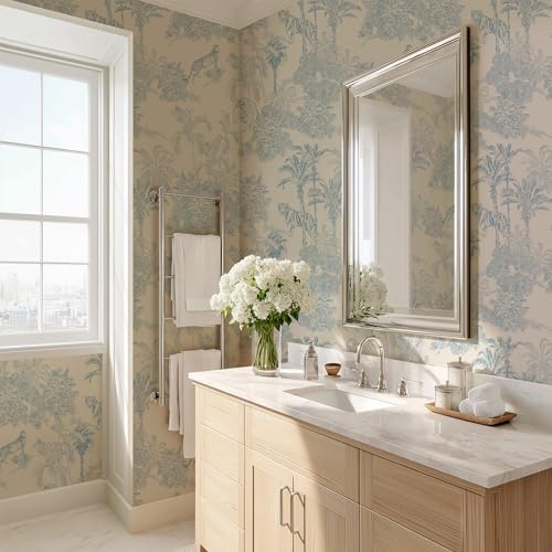 RollsRolla Toile Blue and White Peel and Stick Wallpaper Accent Wall French Chinoiserie Style Country Farmhouse Temporary for Apartments Nursery Wallpaper