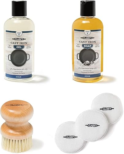 CLARK'S Jabón y aceite de hierro fundido, cepillo redondo y almohadillas de pulido | Mantiene todos los utensilios de cocina de hierro fundido y