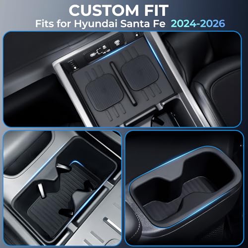 Image of 1st & 2nd Row Cup Holder Insert & Wireless Charging Protective Mat for Hyundai Santa Fe 2026 2025 2024, Center Console Interior Accessories Cup Holder & Wireless Charger Cover Pad, Black