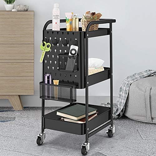 VPLLEX Service Cart With 3 Levels, Storage Trolley, Roller Cart, Tool Cart Metal Racks With Hooks, Mobile Storage Rack For Kitchen Office Home Storage Trolley, Utility Cart Pegboard Metal Shelf Basket Handle Lock Wheel