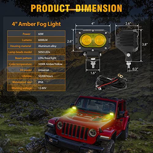 Image of Auxbeam LED Amber Fog Light, 4Inch 60W Led Driving Offroad Lights Pod Super Bright with Wiring Harness Kit Yellow Flood Beam Pod Light for Truck SUV ATV UTV Jeep Wrangler Motorcycle