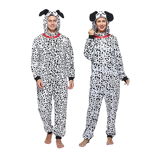 Sincere Party Adult Dalmatian Onesie Costume Fleece Dalmatian Pajamas Jumpsuit for Men and Women Large