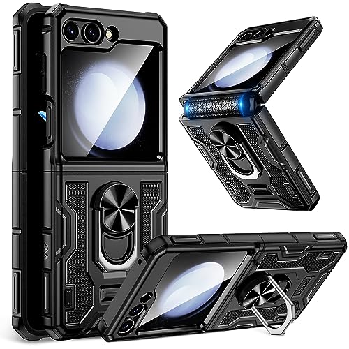 Caka Galaxy Z Flip 5 Case with Screen Protector & Hinge Protection & 360 Rotate Ring Stand, Full Body Protective Case for Samsung Galaxy Z Flip 5 2023 - Black