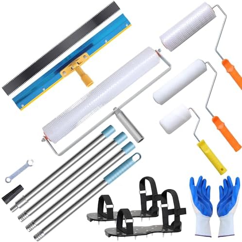 Self Leveling Cement Tool Kit- Epoxy Floor Tool Kit Includes Self-Leveling Rake, 2 Spiked Roller, 2 Flooring Construction Painter Roller, 16“-63” Telescopic Poles, Epoxy Spike Shoes and Gloves