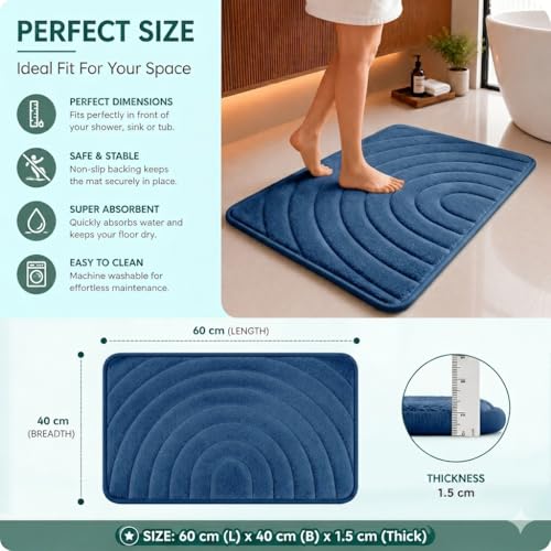 Image of Premium Memory Foam Bath Mat | 40x60cm Super Absorbent Velvet Bathroom Rug | Non-Slip Machine Washable Floor Mat (Denim Blue)