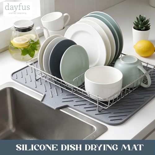 Image of Large Dish Drying Mat | Silicone Mat for Kitchen | Drying Mat for Kitchen Utensils Large | Fast Drying, Non-Slip, Heat Resistant, Easy to Clean Kitchen Counter Mat (Grey, 23x17 Inch)