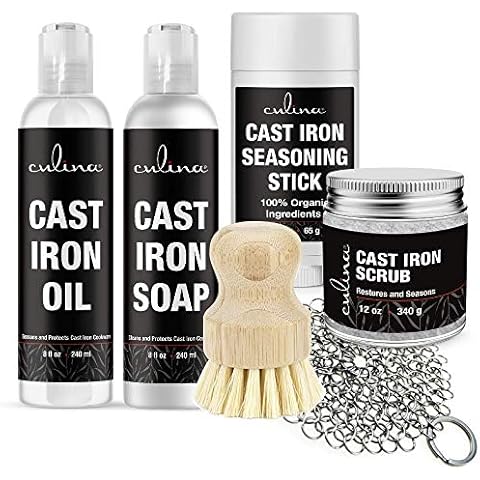 Culina Cast Iron Soap & stick & Conditioning Oil & Stainless Scrubber &Restoring Scrub & brush | All Natural Ingredients | Best for Cleaning, Non-stick Cooking & Restoring | for Cast Iron Cookware Cover