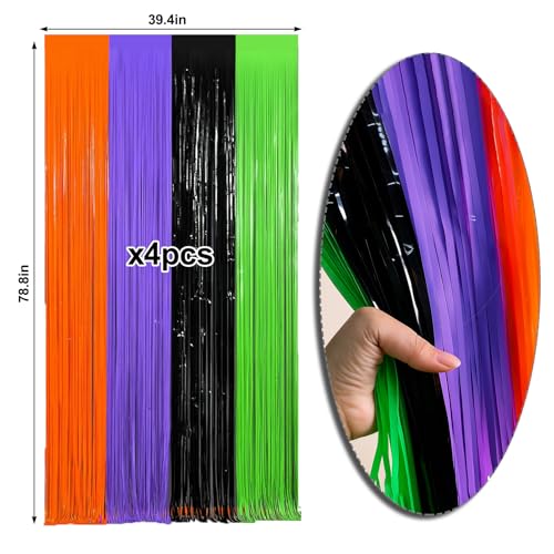 Image of 4 Packs Halloween Foil Fringe Curtain, Orange Black Purple and Green Metallic Tinsel Backdrop for Birthday, Baby Shower, Bachelorette, Halloween Party Decorations Favors Supplies Indoor Outdoor