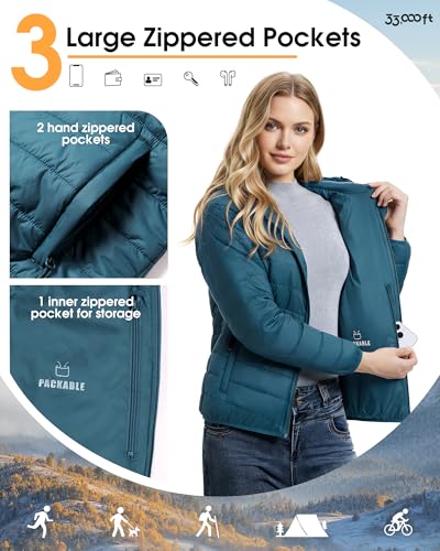 33,000ft Damen Leichte Steppjacke Packbare Übergangsjacke mit Taschen für Frauen Gefüttert Warme Pufferjacke mit Kapuze für Outdoor Freizeit Wandern Petrol Blau M