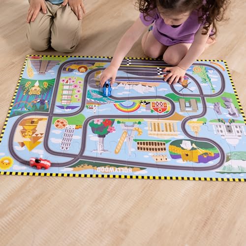 Melissa & Doug Race Around the World Tracks Cardboard Jigsaw Floor Puzzle and Wind-Up Vehicles, Multi-color - Image 3