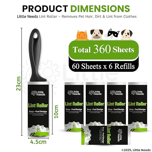 Image of Pet Hair Remover Lint Roller with Handle and 5 Refills (360 Sheets) I Reusable Easy-Tear Roller I Pet Hair Remover for Clothes, Sofa, Furniture, Coats, Car Seats, Carpets, Fabric