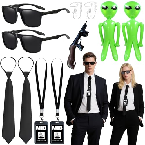 Glirop Agent Costume Accessories Set Secret Agent Dress Up Kit with ID Holders Black Ties Sunglasses Earpieces Inflatable Green Aliens for Women Men Halloween Cosplay Carnival Fancy Dress