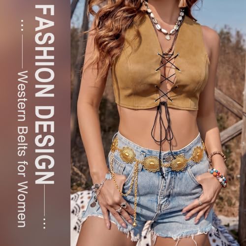 Image of WHIPPY Women Concho Chain Belt Metal Link Western Cowgirl Turquoise Chain Belt for Dress