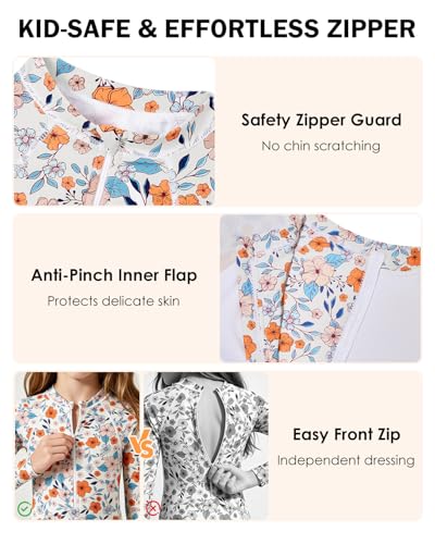Image of Century Star UPF 50+ Girls Long Sleeve Swimsuit - Rash Guard Swimsuit Toddler Kids Teen One Piece Bathing Suit Zip 2-15Y