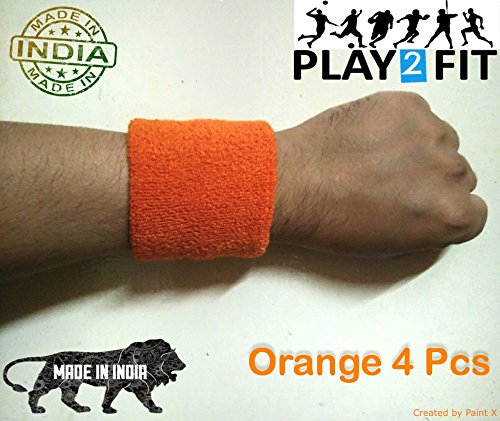 Image of Play2Fit 4 Cotton Wristband (2 Pair) Soft Sweatband For All Sport, Stretchable, Sweat Absorbent Supports Wrist Made In India (Orange /Bhagwa, 5)