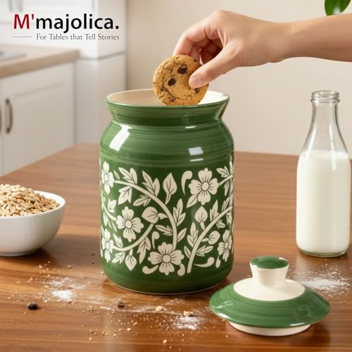 Image of Green Floral Ceramic Handglazed Pickle Jars Set of 1-1000 ML Each | 1 kg Achaar Martban Barni Jar with Lid | Ceramic Storage Jar Container Pickle, Chatney