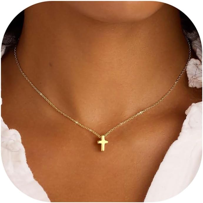 Dainty cross necklace for women 14K gold plated layered