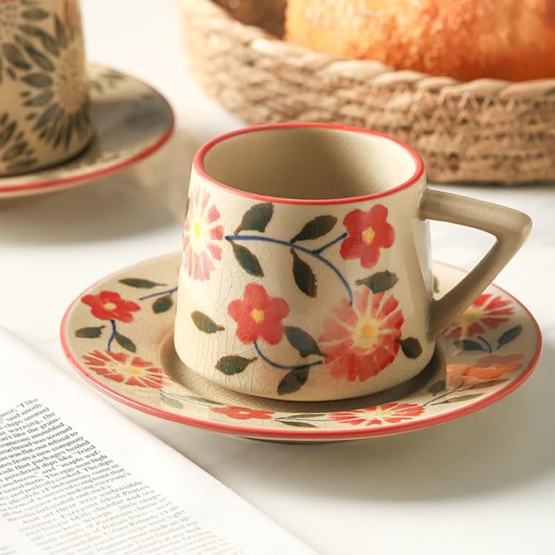 Porcelanowy kubek do kawy ze spodkiem, Starożytne malarstwo podszkliwne. Ręcznie malowany ceramiczny zestaw filiżanek do kawy i spodków restauracji(Style4)
