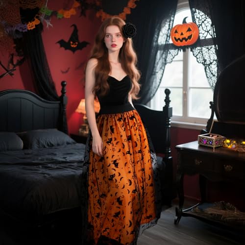 HOMELEX Women's Pumpkin Bats Cat Elastic Waist Halloween Tutu Tulle Layered Mesh Midi Skirt4