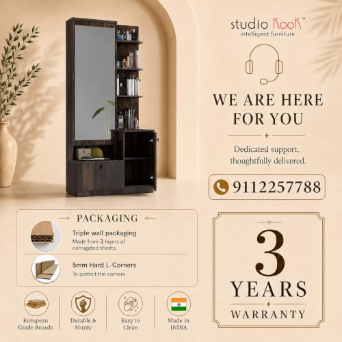 Image of Studio Kook Bella Dressing Table with Mirror and Storage, Junglewood | Engineered wood, Full-length mirror, Soft-close hinges, 30kg telescopic drawer, Open shelves + cabinet storage, Matte finish