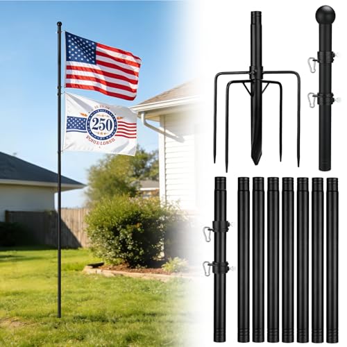 12.5ft In Ground Flag Pole for Outside House - Fit for 2 Flags Extra Thick Flag Pole Kit with 5 Prongs Base Windproof Ground Flagpoles for Residential Small Medium Lawn Temporary Event