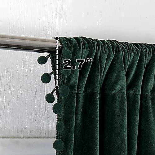 Victree Pom Pom Velvet Curtains For Bedroom, Blackout Curtains 52 X 84 Inch Length - Room Darkening Sun Light Blocking Rod Pocket Window Drapes For Living Room, 2 Panels, Dark Green #TOP2