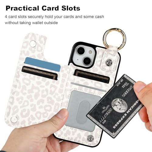 Image of HAOPINSH for iPhone 13 iPhone 14 Wallet Case with Card Holder, White Leopard Cheetah Print Back Flip Folio PU Leather Kickstand Card Slots Case, Finger Grip Ring Double Magnetic Shockproof 6.1 inch