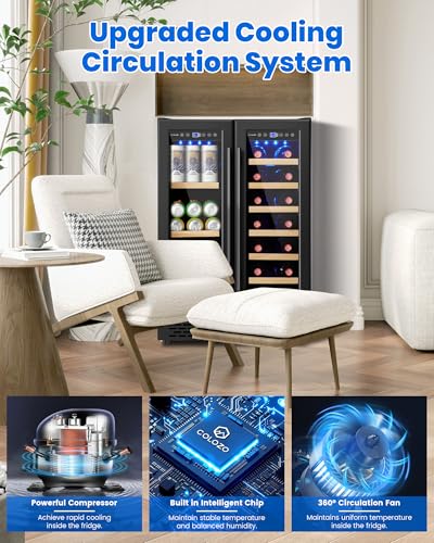 Image of Wine & Beverage Refrigerator Under Counter, 24 Inch Black Freestanding Wine Fridge with Wooden Shelves, Glass Door&Lock Beverage Cooler-20 Bottles & 88 Cans for Kitchen /Bar /Commercial