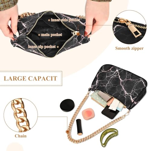 Zipper Ladies Shoulder Bag Floral Black Marble Texture Veins White Clutch Handbags Retro Womens Hobo Totes Purse Bags with Chain Strap4