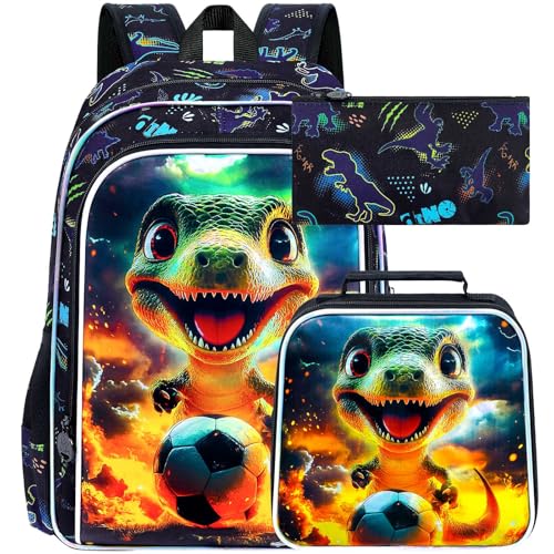 Image of 3Pcs Dinosaur Backpack for Boy, 16 inch Soccer Bookbag for Elementary Preschool Kindergarten, Kids School Backpacks with Lunch Box (Black)