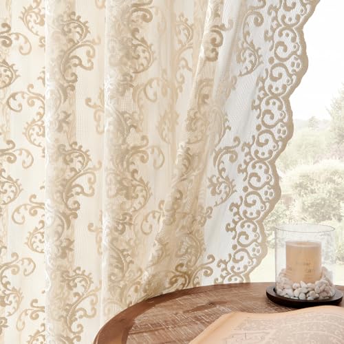 FOLKSIDE Tende in pizzo beige, lunghe 213 cm, 2 pannelli, stile vintage, motivo cachemire, per soggiorno, camera da letto, tasca per asta, filtraggio della luce, tende francesi all'uncinetto, stile