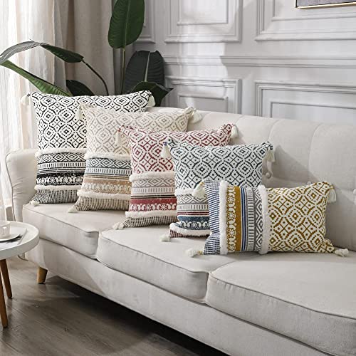 Image of Modern Homes Boho Tufted Decorative Throw Pillow Covers for Couch Sofa - Moroccan Style Cushion Covers with Tassels, Accent Decor Pillow for Bedroom Living Room (Khaki, 16x16 inch)