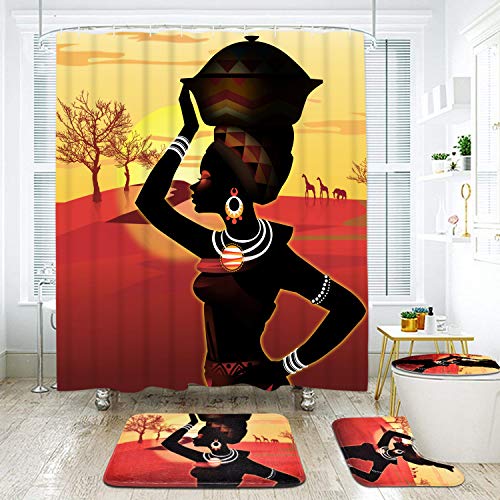 4 Piece Afro Girl Shower Curtain Sets With Non-Slip Rugs, Toilet Lid Cover And Bath Mat, Ancient Egyptian Shower Curtain African Woman Desert Shower Curtain With 12 Hooks, Waterproof Shower Curtain #TOP1