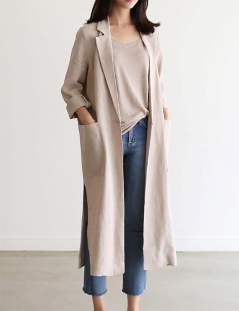 IDEALSANXUN Womens Long Cotton Linen Blazer Casual Spring Jackets Trench Coat