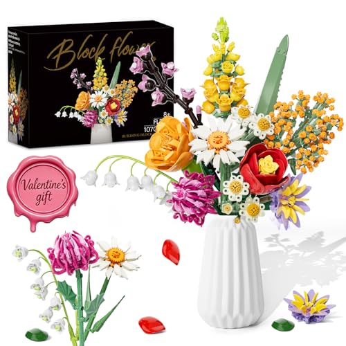 Blumenstrauß Bausatz, 1070 Stück Blumen Bauspielzeugset 10 Künstliche Blumen für Flowers, Botanical Kollektion Bauklötze, Geschenke zum Valentinstag, Geburtstag, Muttertag, Vase Nicht Enthalten