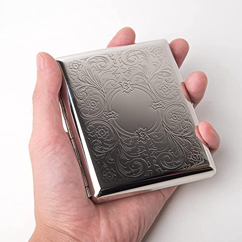 Image of Metal Cigarette Case - Women and Men, Portable Double Sided Spring Clip Cigarette Case, Holds 20 Regular Size Cigarettes, Fits 100mm Cigarettes (Pattern Silver)