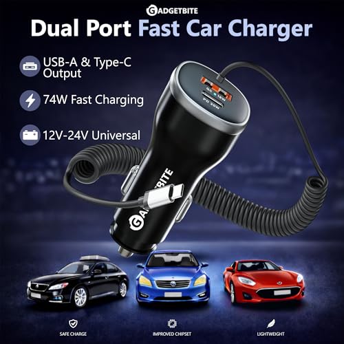 Image of GadgetBite ZAP 71W Fast Car Charger DC 12-24V with USB-A 3.0 & Type-C Fast Charging, Multi-Port High Power Car Adapter for Android & iOS Devices, Universal Compatibility for Phones & Tablets (Black)
