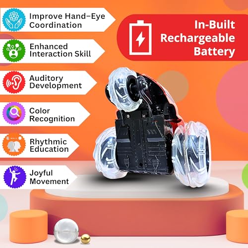 Image of Gooyo GY-0242 Rechargeable Stunt Car Toy for Kids with Tornado Rotation, Reverse Drive Function, Demo Mode, Lighting Effect & Music | Remote & USB Included | Power Source: in-Built Battery | Red