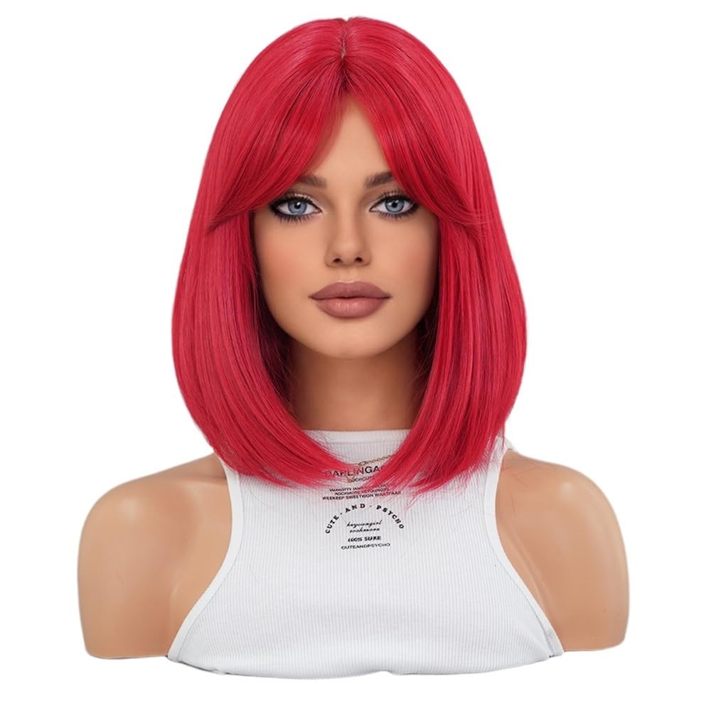Peruki Easter Red Short Straight Bob Wig with Mid-Split Bangs Peruka z włosów ludzkich