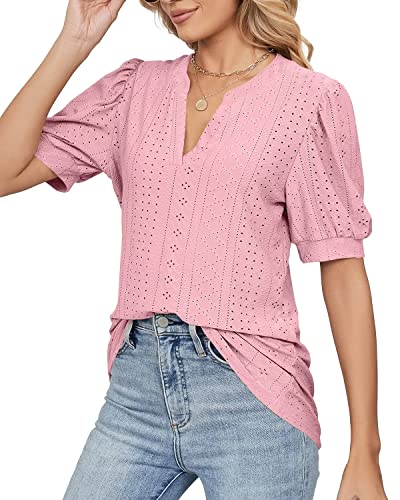 WELINCO Women's Casual Summer V-Neck T-Shirts Puff Short Sleeve Tops Tunic Blouses3
