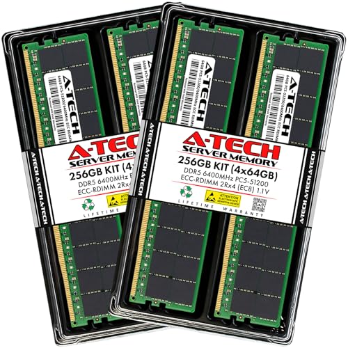 Image of A-Tech 256GB Kit (4x64GB) DDR5 6400MHz PC5-51200 ECC RDIMM 2Rx4 (EC8 10x4) Dual Rank 1.1V ECC Registered DIMM 288-Pin Server RAM Memory Upgrade Modules (A-Tech Enterprise Series)