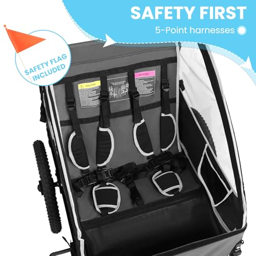 Image of Sepnine Kids Bike Trailer, Suitable for 1 to 2 Kids, 12+ Months, Quick Attach to Bike, Foldable, with 5-Point Harness and Storage Bags