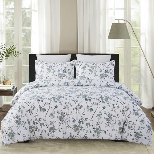 Vaulia Soft Microfiber Floral Duvet Cover King Size, Blue Chic Botanical Print Pattern, Lightweight and Breathable Design, 3-Piece Set (1 Duvet Cover 2 Pillow Shams)
