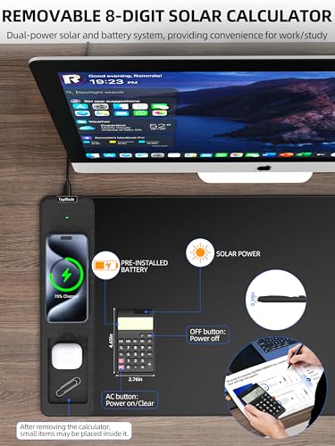 Image of TopMade Mouse Pad with 15W Wireless Charging, Removable 8-Digit Solar Calculator, Exact Large Desk Pad, Waterproof Mousepad Home Office Desk Mat (Includes 20W PD Power Adapter & 6.56ft Woven Cable)