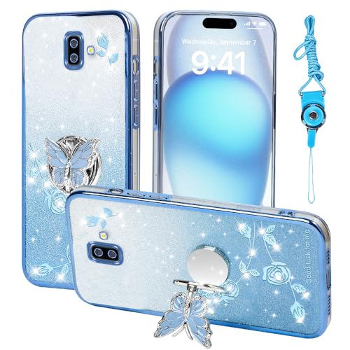 RTYQXK for Samsung Galaxy J6 Plus 2018 Phone Case,for Galaxy J6+ Mobile Phone Case for Women and Girl, Glitter Butterfly Floral TPU Protective Cover with Kickstand+Strap for Samsung J6 Prime (Blue)