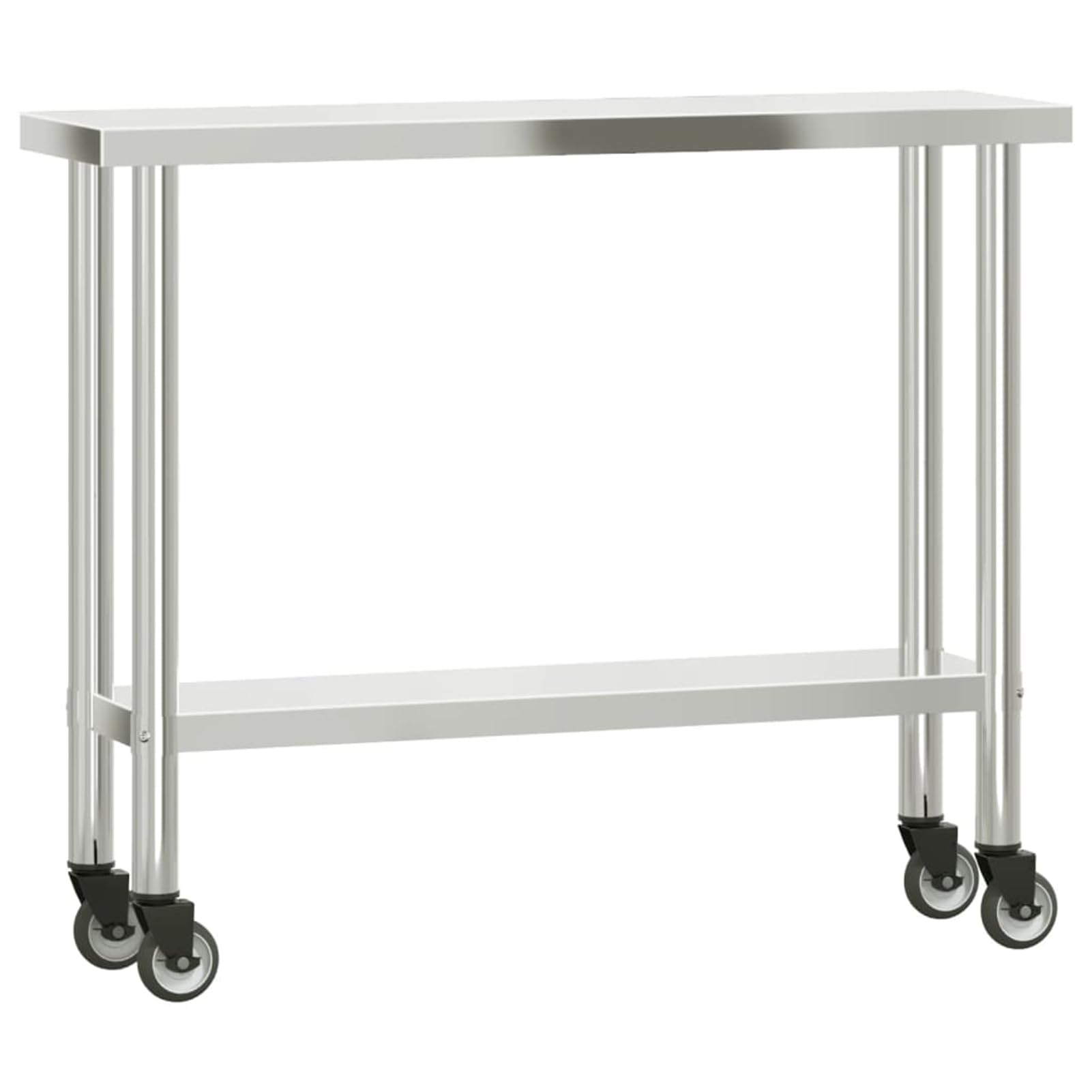 Homgoday Tavolo da Lavoro in Acciaio Inox, Argento, 110x30x150 cm, 2 Ripiani, con 4 Ruote (2 con Freno), per Cucina Professionale