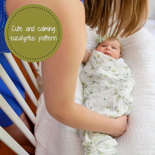 Image of LollyBanks Muslin Swaddle Blankets for Girls, Large 47 x 47 Inches Soft Swaddles for Newborns, Breathable and Lightweight 100% Cotton Baby Blanket, Baby Essentials, Registry (Eucalyptus Print)