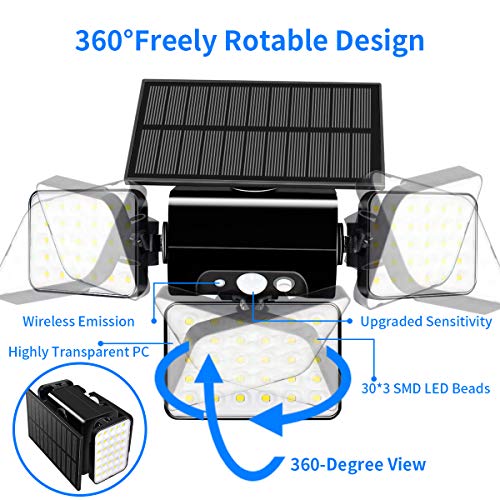 Solar Motion Sensor Lights 90 LEDs Solar Flood Lights with 3 Modes Solar Lights Outdoor 3 Heads Adjustable Motion Sensor Wireless IP68 Waterproof 360 Degree Rotatable