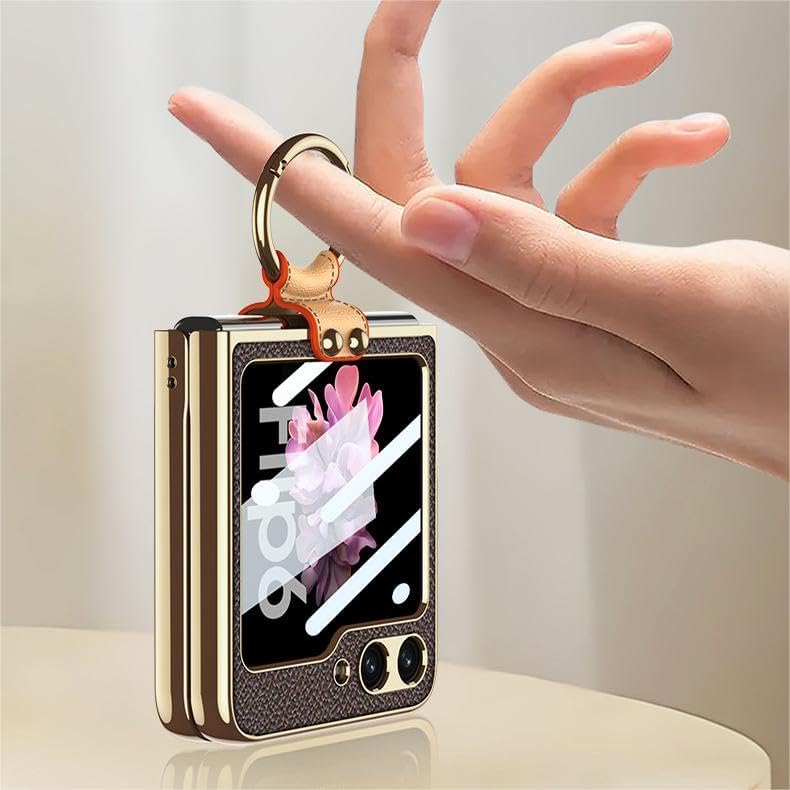 Folding Leather Case for Samsung Galaxy Z Flip 6/5, Mobile Phone Shell for Z Flip6/5 with Strap, Creative Women's Screen Protective Cover with Electroplating Ring Bracket (Black,for Flip 5)