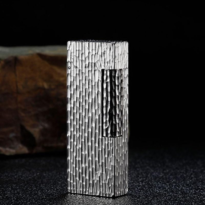 Vintage Butane Lighter Side Sliding Ignition Copper Narrow Machine Classic Flip Soft Flame Lighter Hand Carved Crater Shape